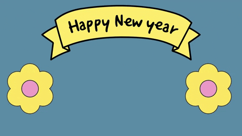 Illustrated gif. Two flowers spin on the sides as a cobra slides into the center. A banner above reads, "Happy New Year!"