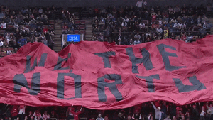A picture of a stadium with a huge red flag that says "We the north", on it.