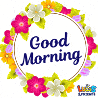 Text gif. The text, "Good Morning," is written in navy blue cursive and is surrounded by a wreath of fuchsia, yellow and light purple flowers. 