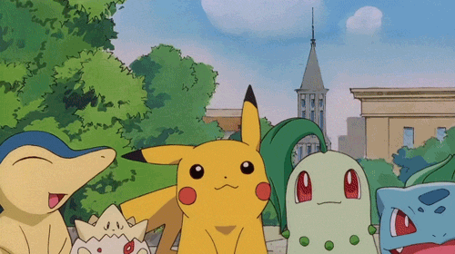 Anime gif. Group of nine Pokémon, with Pikachu in the middle, jump up in celebration with large smiles.