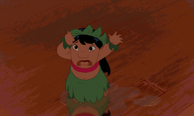 Disney gif. Lilo in Lilo and Stitch pulls at her hair then tosses her head back as she cries out.