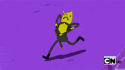 Cartoon gif. Earl of Lemongrab in Adventure Time runs frantically through a purple field, dramatically ripping off his clothes and stripping down to his underwear.