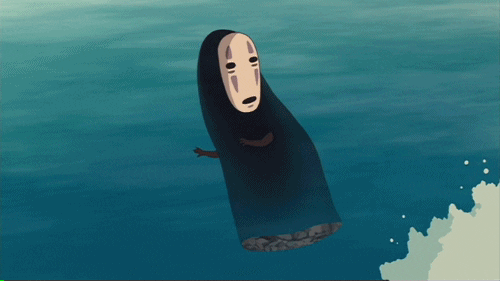 Anime gif. No-Face from Spirited Away wades through water but gets knocked over by a pair of tall waves.