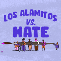 Digital art gif. Big block letters read "Los Alamitos vs hate," hate crossed out in paint, below, a diverse group of people carrying an oversized paintbrush dripping with pink paint.