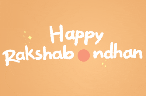 Text gif. White text on an orange background. Text, "Happy Rakshabandhan." The R and the Y letters trail off in a white line towards a blooming flower that takes the place of the A in Bandhan. 