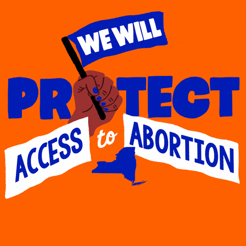 Text gif. Brown hand with blue fingernails in front of orange background waves a blue flag up and down that reads, “We will,” followed by the text, “Protect access to abortion. New York.”