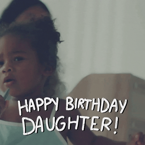 Video gif. Cute toddler waves her arms then holds a pen to her mouth like she's singing into a microphone. Text, "Happy birthday daughter!'