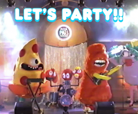 Video gif. Different random mascot characters play instruments in a band. A mozzarella stick monster plays a guitar and wiggles his arms up in the air. A pizza monster with one eye plays the keyboards. A veggie wrap is a singer. A mysterious business looking stick monster is another guitar player, and there’s three cherries on the drums. Text, “Let’s party!”