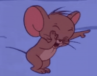 Cartoon gif. Jerry from Tom and Jerry points and laughs, slapping his knee and holding his belly.