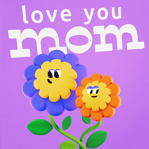 Digital art gif. Two 3D flowers, one bigger and purple, the other small and orange looking at each other with their googly eyes. Text, "Love you mom."
