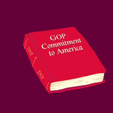 Illustrated gif. Red book entitled "GOP commitment to America," sitting on a maroon background, opens to the first page, which reads, "Take us backward to a time where politicians control our bodies and block our plans for the future."