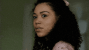 TV gif. Ruby Barker as Marina in Bridgerton turns her head toward us with eyes wide in shock.
