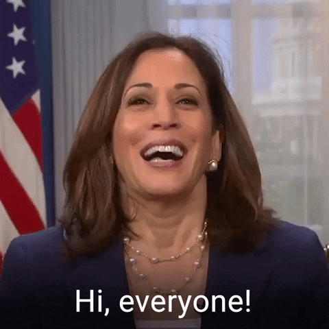 Political gif. Kamala Harris smiles at us and says “Hi, everyone!” with an American flag and view of the Capitol Building behind her.