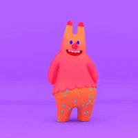 Digital art gif. A 3D pink and purple character with long ears, spiral nose, and a wide, polka dot tummy grin at us and lean in to give a little wave.