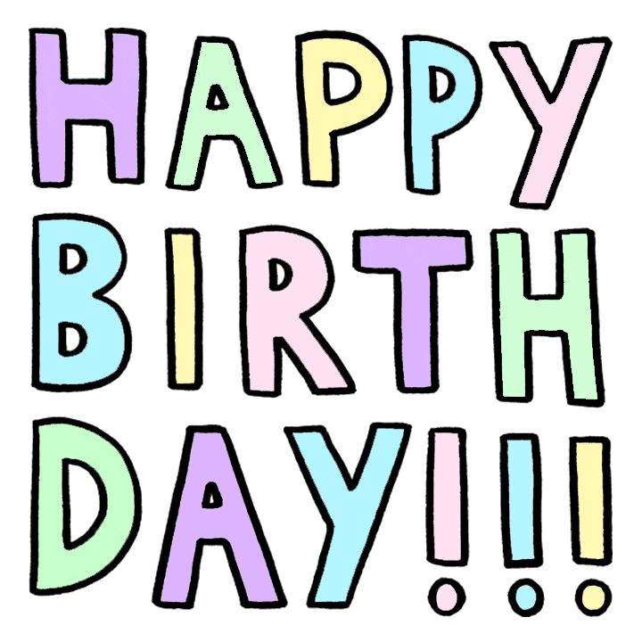 Text gif. Block letters with flickering pastel colors reads "Happy Birthday!!!"