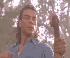 Movie gif. Jean-Claude Van Damme as Chance from Hard Target has grabbed his enemy, a snake, and wins the battle by punching it unconscious.