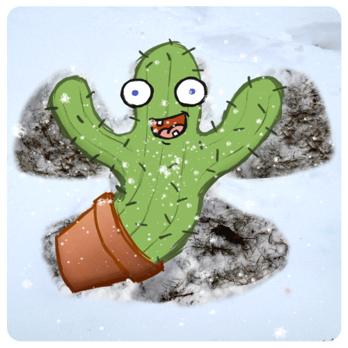 Digital art gif. A smiling cartoon cactus in a pot wiggles in the snow, making a snow angel.