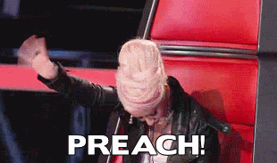 Reality TV gif. Christina Aguilera on The Voice with her head down, smiling, and waving her hand in praise. Text, "preach!"