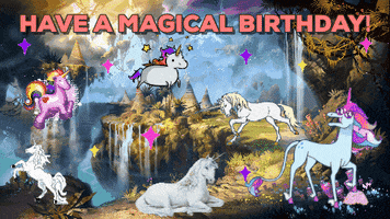Digital art gif. Six unicorns all styled to look differently frolic in an imaginary forest. Three have rainbow manes and three are all white. One is shaking its head while others shimmer. Sparkling purple diamonds blink around the unicorns. Text, "Have a magical birthday!"