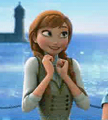 Disney gif. Elsa from Frozen looks left and right with anticipation and shivers with excitement.