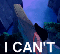 Disney gif. Pocahontas flings herself off a cliff, diving down into the water below. Text, “I can’t.”