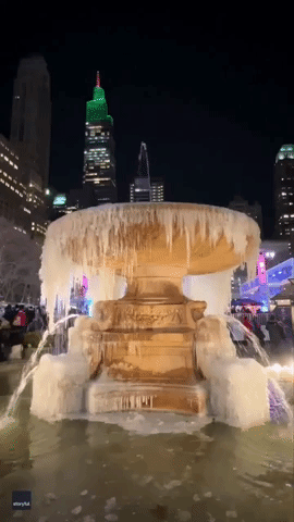Bryant Park Fountain Freezes Over in New York City