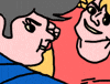 Illustrated gif. Two men are fighting and one punches the other in slow motion. We see his face absorb the impact and the skin stretch out.