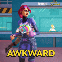 Sponsored gif. Bright Bomber, a Fornite skin with pink hair and a unicorn shirt, stands confused in the Springfield Nuclear Power Plant from The Simpsons. Other Fornite players run past her chaotically, and in the background, Homer Simpson sits in a windowed office, spinning in a chair and looking surprised. The Fortnite and Simpsons logos are in the upper right corner. Text reads: "Awkward"