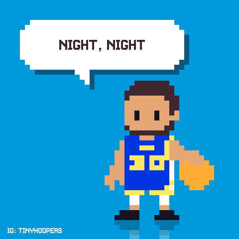 Digital art gif. A digitized pixelated character of Stephen Curry from the Golden State Warriors stands in front of a bright blue background dribbling a basketball at his side. A speech bubble above his head says, "Night, night."