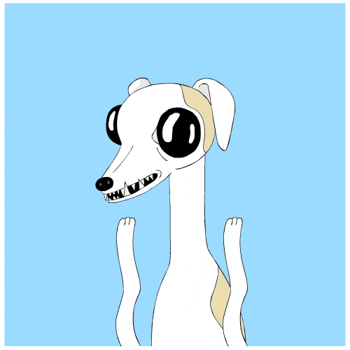 Digital illustration gif. Skinny white cartoon dog stands straight up vibrating with excitement and raising its arms that wiggle like noodles. The dog gives us an awkward side eyed expression with its mouth pulled back in a smile and its tiny, razor sharp teeth showing. 