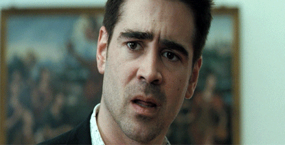 Movie gif. Colin Farrell as Ray in "In Bruges" looks frustrated and confused, then looks down and back at us, then walks away.