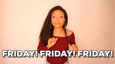 Celebrity gif. Shalita Grant dances and smiles, making circles with her fists in front of her. Text, "Friday! Friday! Friday!"