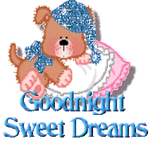 Sticker gif. Brown teddy bear puppy wearing a glittering blue nightcap and bow, climbing atop ruffly pillows, above a message in a cyan blue 3D serif font. Text, 'Goodnight, sweet dreams.'