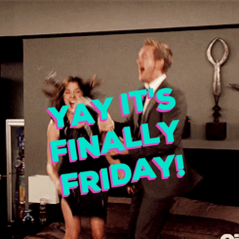 TV gif. Cobie Smulders as Robin and Neil Patrick Harris as Barney on How I met Your Mother jump in celebration on a bed together. Barney pops a champagne bottle and champagne sprays everywhere. They both scream with excitement. Text, “Yay it’s finally friday!”