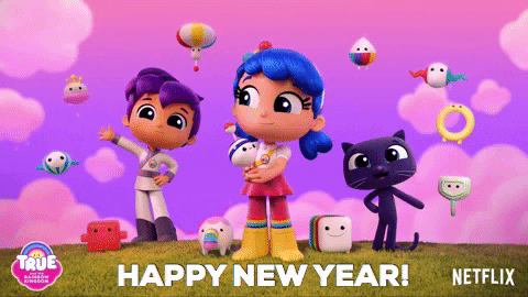 Cartoon gif. Cast members from True and The Rainbow Kingdom all wave happily at us in front of a purple and pink sunset. Text, "Happy new year!"
