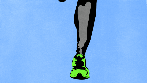 Digital art gif. A pair of legs running with green running shoes, hitting the ground firmly and methodically.
