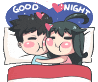 Cartoon gif. The text, “Good night” floats above in the night sky as a cartoon man and a woman cuddle each other in bed. They love each other so much that they create pink hearts that float above them and pop like fireworks.