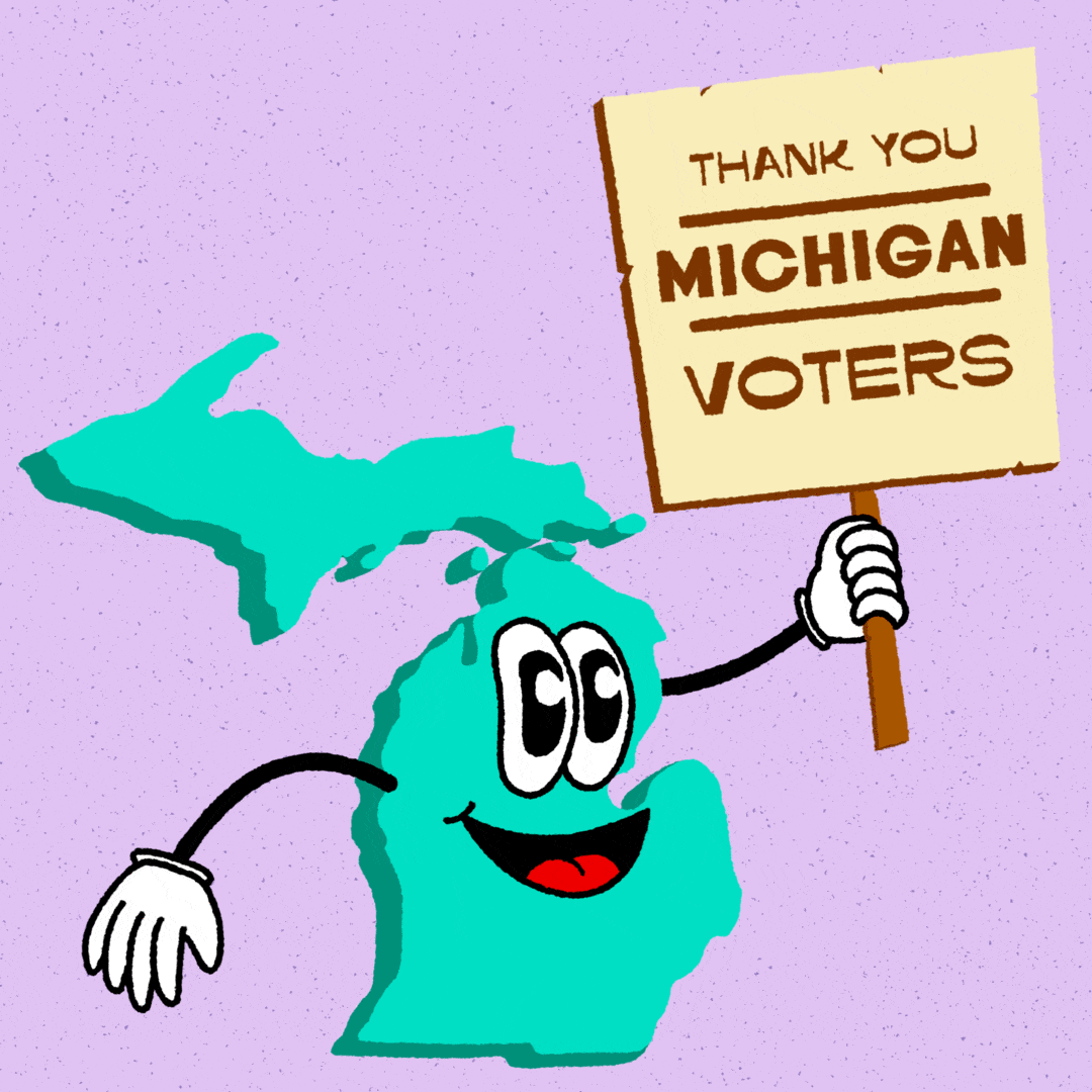 Digital art gif. Shamrock green graphic of the anthropomorphic state of Michigan on a lavender background holding a butter yellow picket sign that reads "Thank you Michigan voters!"