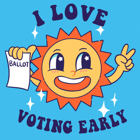 Illustrated gif. Cartoon sun on sky blue, smiling ecstatic stars in its eyes rays spinning, ballot in one hand peace sign in the other, sparkles all around. Text, "I love voting early."