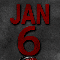 Digital art gif. The words “Jan 6” lie over a gray background as a magnifying glass emerges and inspects the letters, revealing the words “Criminal Conspiracy.”