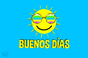 Digital art gif. A yellow sun wearing colorful sunglasses smiles as its rays circle around its face. Yellow text on teal background says "Good morning" in Spanish, "buenos dias."