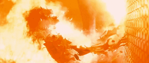 Movie gif. In a scene from The Terminator, a skeleton holds onto a chain link fence as a wave of heat from a nuclear blast flings her backward, ash and fire flying.