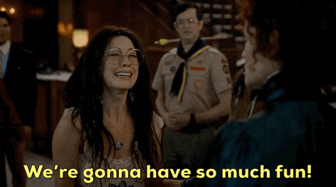 A woman is feeling excited and saying the words, "We're gonna have so much fun!"
