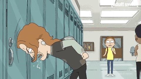 Cartoon gif. Teenage boy with long hair in Rick and Morty bangs his head against a locker while Morty stands down the hallway wincing as he watches him.