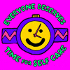 Illustrated gif. Yellow smiley face fills the face of a watch as the hands spin in a clockwise direction against a pink-purple background. Text, "Everyone deserves time for self care."
