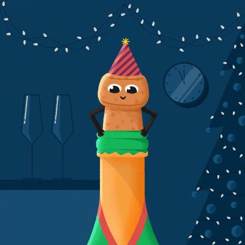 Illustrated gif. Personified cork wearing a party hat wriggles loose from a champagne bottle, then pops out as bubbles erupt beneath text in the background that reads, "Happy New Year!"