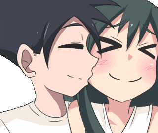Anime gif. Smiling man leans in to kiss a green-eyed woman on the cheek. As he kisses her, a heart appears as their eyes close in happiness.
