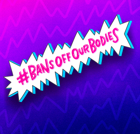 Digital art gif. Blue and white comic strip-like explosion shape with text inside that reads, "Hashtag bans off our bodies," against an ombre pink and blue background.