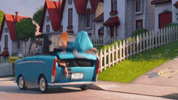 Movie gif. Lucy tries unsuccessfully to smash Gru into the trunk of a blue car in Despicable Me 2.