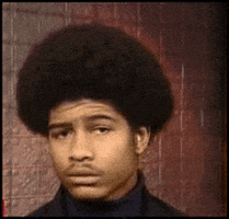 Video gif. Man with an afro is completely unamused, repeatedly shaking his head while staring straight at us.